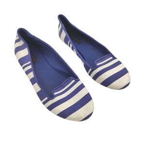 Ann Taylor Nautical Beach Travel Stripe Flat Slip On Shoe Blue Leather Women 8.5